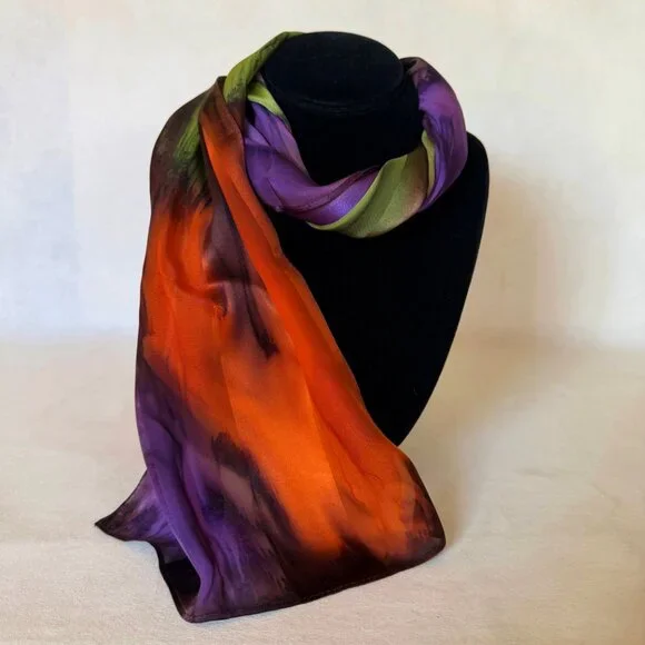 Hand Painted Silk Scarf Purple Green Orange Rectangle Unique Head Neck Wrap New - Picture 2 of 5